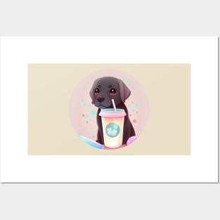 Cute Kawaii Chocolate Labrador Drinking Bubble Tea - Adorable Dog Lover Gift and Fun Animal Art Posters and Art